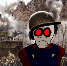 a drawing of a soldier with red eyes and a hat