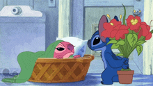 Stitch Gives Flowers To Angel Lilo And Stitch GIF