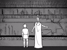 a black and white drawing of a man and a woman standing in front of a wall