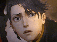 a close up of a cartoon character 's face with a surprised expression .