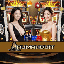 two women are standing in front of a slot machine that says 24 service everyday