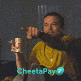 a man smoking a cigarette and drinking from a can with the words cheetapay written below him
