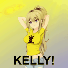 a girl in a yellow shirt with the word kelly on the bottom
