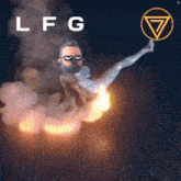 a man with a beard is flying through the air with the letters lfg on the bottom