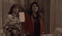 two women are standing next to each other in a room .