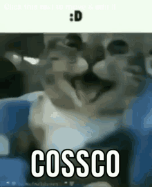 a close up of a cat with its mouth open and the words cossco on it .