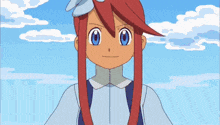 a cartoon girl with red hair and blue eyes stands in front of a blue sky