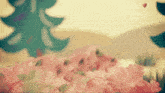 a bunch of pink flowers are in front of a green tree