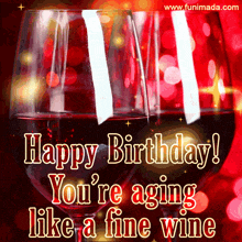a happy birthday greeting card with two glasses of wine