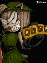 a drawing of a cartoon character holding a belt with the letters p and o on it