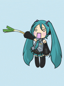 a cartoon of hatsune miku holding a bunch of green onion