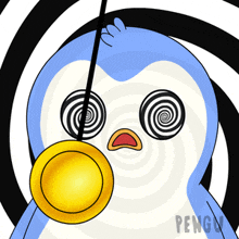 a blue and white penguin with hypnotic eyes is holding a gold coin