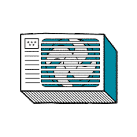 a cartoon drawing of a window air conditioner with a fan on it .