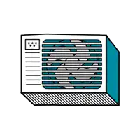 a cartoon drawing of a window air conditioner with a fan on it .