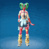 a girl with green hair and red skin is standing with her arms outstretched in front of a blue background