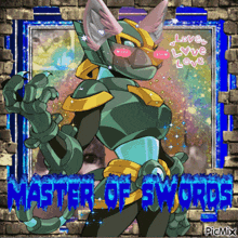 a picture of a cat in armor with the words master of swords