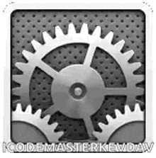 a black and white image of a gear with the words `` codemasterkeydaw '' below it .