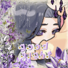 a picture of purple flowers with the words good night