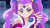 a girl with purple hair is holding a sword
