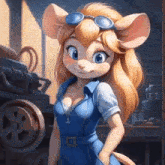 a cartoon mouse girl wearing a blue dress and goggles is standing in a room .
