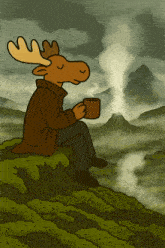 a cartoon moose is sitting on a hill drinking a cup of coffee