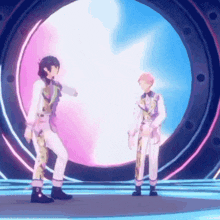 two anime characters are dancing on a stage in front of a large circle