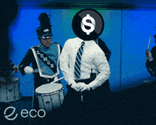 a man with a dollar sign on his head is playing drums in a band