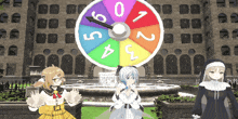 three anime girls are standing in front of a colorful spinning wheel with the numbers 0 through 9 on it