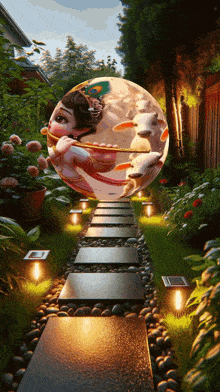 a painting of a little girl playing a flute in a sphere