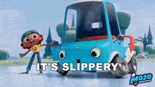 an advertisement for mojo shooptops shows a boy standing next to a blue toy car