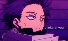 a purple background with a cartoon character and the words ' blink at you ' on it