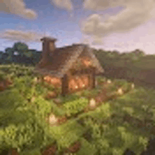 a small house is surrounded by trees and bushes in a lush green field .