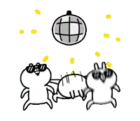 three cartoon characters dancing under a disco ball