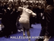 a man is running in front of a crowd with the words hallelujah amen written on the bottom