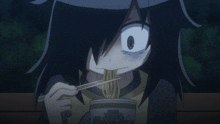 a girl is eating noodles with chopsticks from a cup that says cup noodles