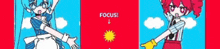 two anime girls are standing next to each other on a red and blue background with the words focus below them