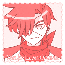a drawing of a boy with red hair and the words xander loves octavia below him