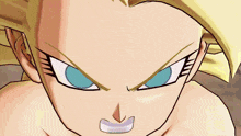 a close up of a cartoon character 's face with blue eyes