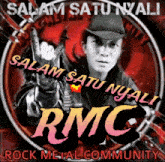 a poster for rmc rock metal community shows a man giving the middle finger
