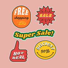 stickers that say free shopping super sale discount 50 % hot deal and sale