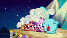 a group of cartoon characters standing on a stage