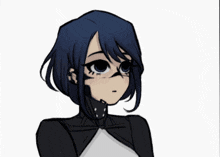 a black and white drawing of a girl with blue hair