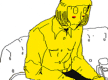 a drawing of a person with a yellow jacket that says " for " on it
