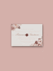 a wedding invitation for bianca and gustavo with pink flowers