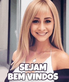 a picture of a woman with the words " sejam bem vindos " on the bottom