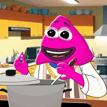 a pink cartoon character is cooking in a kitchen with a pot