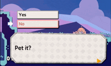 a video game screen shows a girl asking to pet it