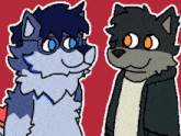 a pixel art drawing of a wolf and a boy with glasses