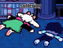 a pixel art of a person laying on the ground with the word suffering above them