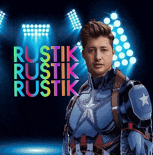a man in a superhero costume is standing in front of a sign that says rustik